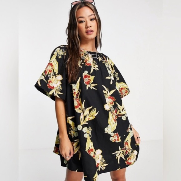 Free People Dresses & Skirts - FREE PEOPLE Jodie Tropical Print Kimono Sleeve Mini Dress BLACK / LARGE